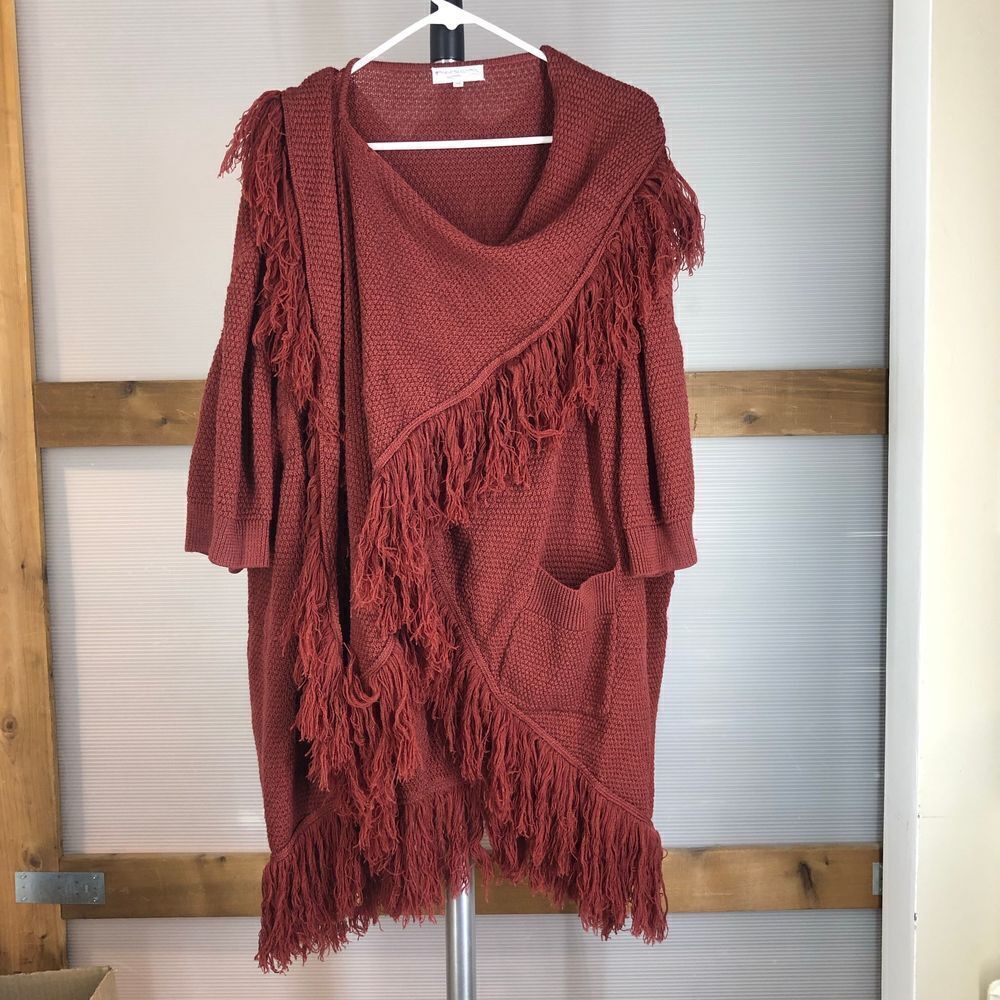 Opening CEREMONY Merino Wool Dark Red Fringe Scarf Short Slv Long Knit Cardigan